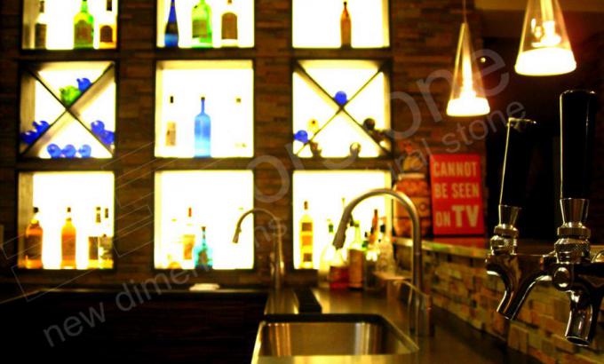 Norstone Ochre Rock Panels Used as a Natural Stone Splashback in a Basement Bar